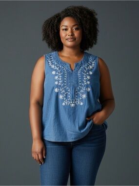 CROFT & BARROW Denim Sleeveless Embroidered Chambray Top